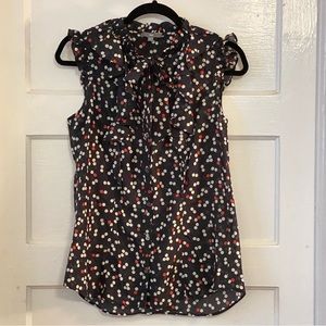 Triple Ruffle Tie Neck Silk Polka Dot Button Down Tank Size Small